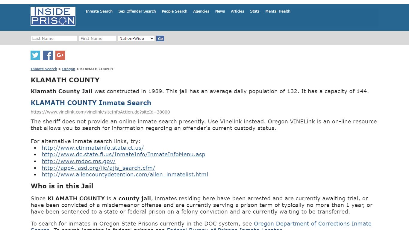 KLAMATH COUNTY - Oregon - Inmate Search